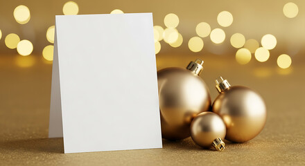 White card with golden holiday ornaments blank paper