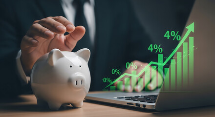 White piggy bank with growing financial chart growth investment