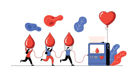 People enthusiastically carry large drops of blood towards a collection machine symbolizing the vital act of blood donation and its positive impact on saving lives.