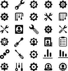 Collection of black and white icons representing tools settings and user profiles