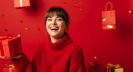 Woman in red sweater laughing with gifts and confetti image