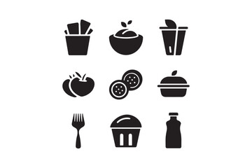 Collection of nine black food and drink icons on a white background