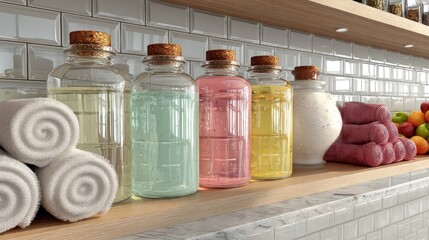 Pastel Colored Glass Oil Bottles on Wooden Shelf in Bright Kitchen