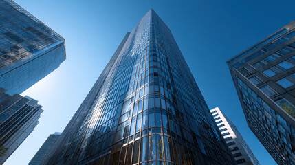 Single Glass Skyscraper Dominating Skyline: Frontal View of Modern Building