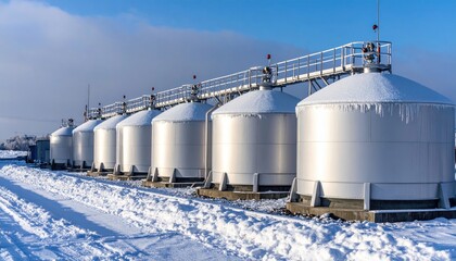 Obraz premium Snow-covered industrial storage tanks lined up against a clear blue sky, showcasing winter operations