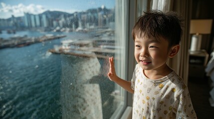 Smiling young boy enjoying the view of victoria harbour from his luxury hotel room window in a cruise