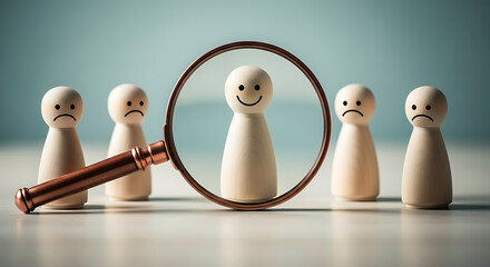 Wooden figures happy and sad under magnifying glass selection
