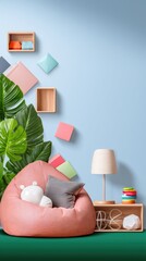 Pastel Pink Beanbag Chair Study Space with Bookshelves and Lamp