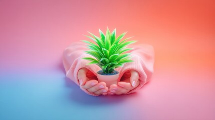Pastel Pink Hands Gently Holding Small Green Plant in Pot