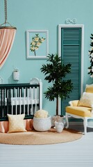 Pastel Nursery Room Decor with Yellow Chair and Floral Print