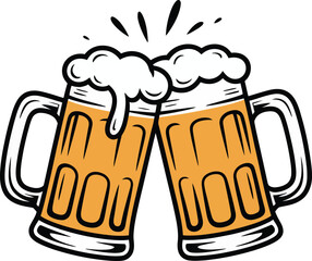 Two beer mugs clinking together with frothy foam and splash