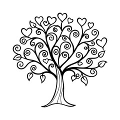 Elegant black line art tree with heart shaped leaves and swirling branches isolated on white...