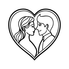 Stylized black and white line art of a loving couple embracing within a heart shape isolated on white background isolated on transparent background