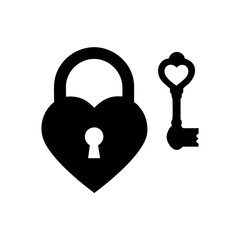 Black silhouette of a heart shaped padlock and a vintage key with a heart shaped bow isolated on...