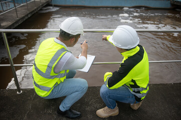 Two engineers are inspecting the operation of the treatment pond and checking the equipment