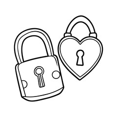 Two hand drawn outline padlocks one heart shaped and one rectangular isolated on white background...