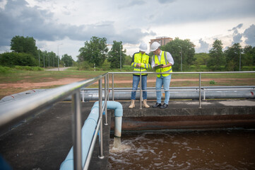 Two engineers are inspecting the operation of the treatment pond and checking the equipment