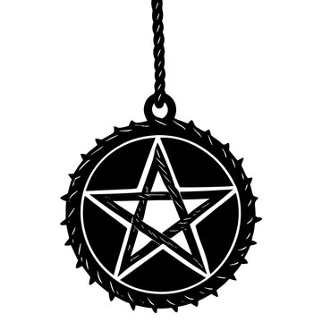 Black Pentagram Amulet: Gothic, Mystical, Hanging Charm,  Intricate Design,  Occult Symbol,  Rope Detail.