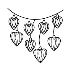 Hand drawn outline of heart shaped lanterns hanging from a curved string isolated on white...