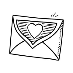 Hand drawn doodle illustration of a closed envelope with a heart emblem and radiating lines...