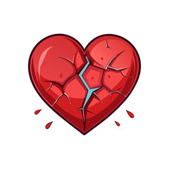 Stylized red broken heart with cracks and dripping blood isolated on white background isolated on...