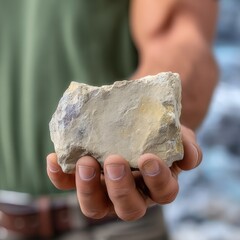 Person Holding a Rough Beige and Grey Metallic Rock Sample