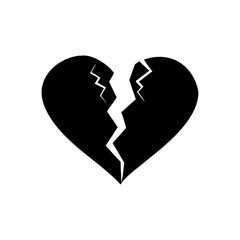 Black broken heart symbol with sharp jagged crack representing heartbreak and sadness isolated on white background isolated on transparent background