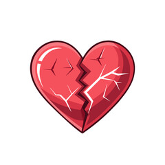 Stylized red broken heart with cracks and a dark outline isolated on white background isolated on transparent background