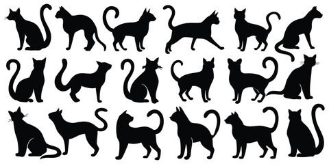 A vector collection of black animal silhouettes including running cats, dogs, horses, and wild mammals like deer, wolves, and tigers for pet or nature designs