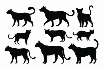 A vector collection of black animal silhouettes including running cats, dogs, horses, and wild mammals like deer, wolves, and tigers for pet or nature designs