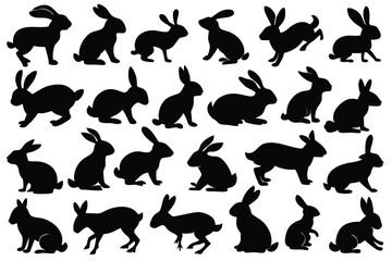 A vector collection of black rabbit silhouettes, perfect for illustrating wild and domestic mammals