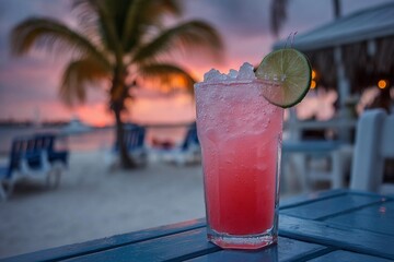 Refreshing cocktail served on a beachside table at sunset near clear waters
