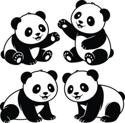 Obraz premium Four adorable cartoon pandas sitting and playing together in a playful arrangement