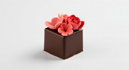 Premium handmade chocolate truffle in square shape with delicate sugar flower decoration in red tones