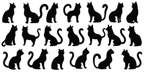 A vector collection of black animal silhouettes including running cats, dogs, horses, and wild mammals like deer, wolves, and tigers for pet or nature designs