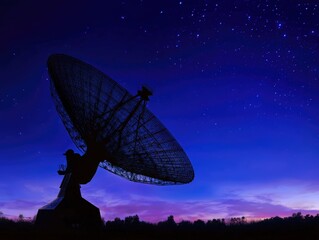 A large parabolic satellite dish stands in silhouette against a stunning twilight sky, filled with stars and a gradient of soft colors as day transitions to night