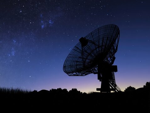 A large parabolic satellite dish stands silhouetted against a clear night sky filled with stars. The scene captures a serene rural setting, evoking tranquility and wonder