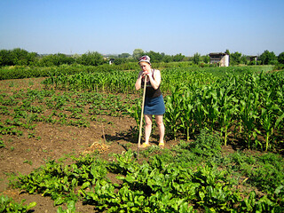 A young woman, tired from work, is resting, leaning on a hoe.