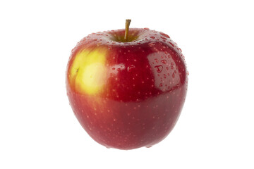 A single ripe red apple with water droplets on its skin isolated on a white background