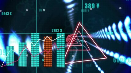 Rotating neon triangle initiating pulsing labels and rising cyan bars tracing trends showing data - Powered by Adobe