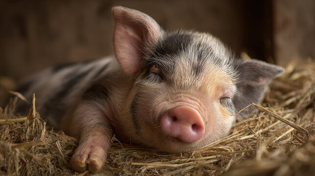 Sweet piglet napping on hay in a warm and cozy farm setting