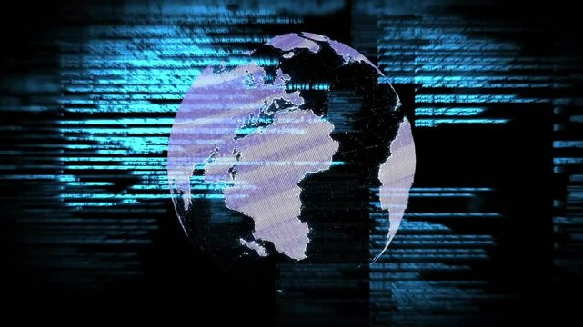 Faint blue lines drifting, starting digital globe rotating and glitching showing stream corruption