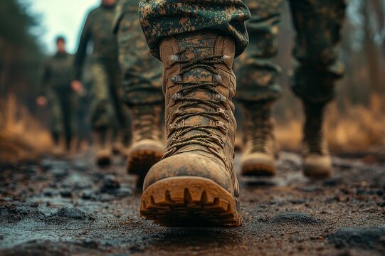 Soldiers march through muddy terrain while wearing durable combat boots during a training exercise in a forest setting - Powered by Adobe