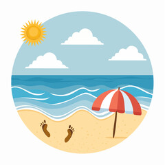 Beach Paradise: A picturesque beach scene, with ocean waves kissing the sandy shore. An inviting red and white striped umbrella sits beside a pair of footprints in the sand.