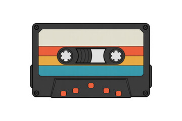 Retro cassette tape with colorful stripes and clear plastic casing on white background