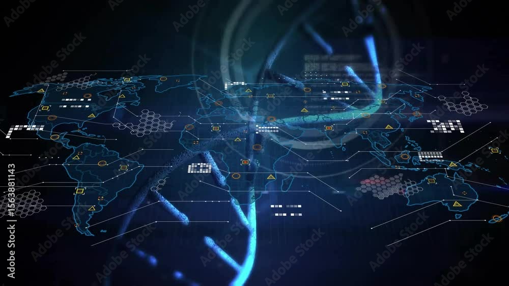 Poster helix emerging from dark rotating and moving as map expands and data markers linking global network