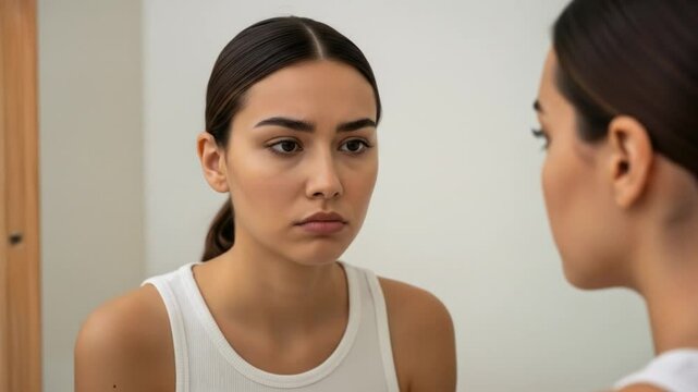 Insecure young woman critically examining her face in the mirror, unhappy with her skin, showing anxiety and low self-esteem due to body image issues.