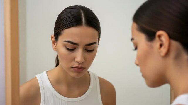 Unhappy young woman critically examines her reflection in the mirror, feeling anxious and insecure about her appearance, representing body image issues and low self-esteem.