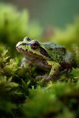 Fototapeta premium Camouflaged frog on moss top-down macro view