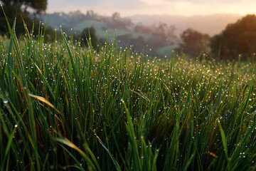 Obraz premium Dewdrops on green grass blades at sunrise with misty hills water droplets